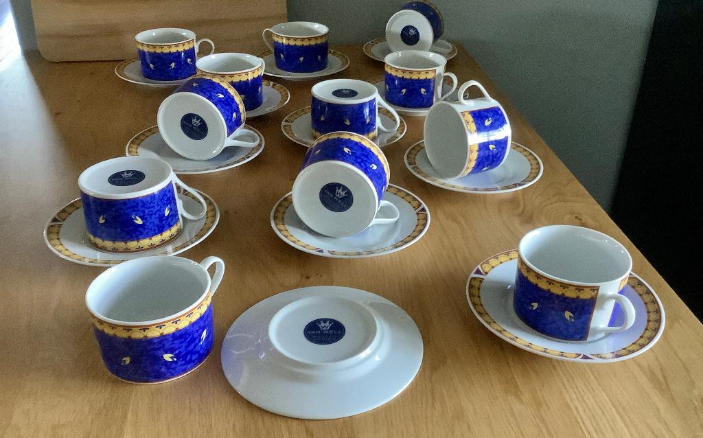 12 nieuwe kops en schotels merk : Van Well Wellco design, Huis en Inrichting, Keuken | Servies, Overige materialen, Nieuw, Ophalen of Verzenden