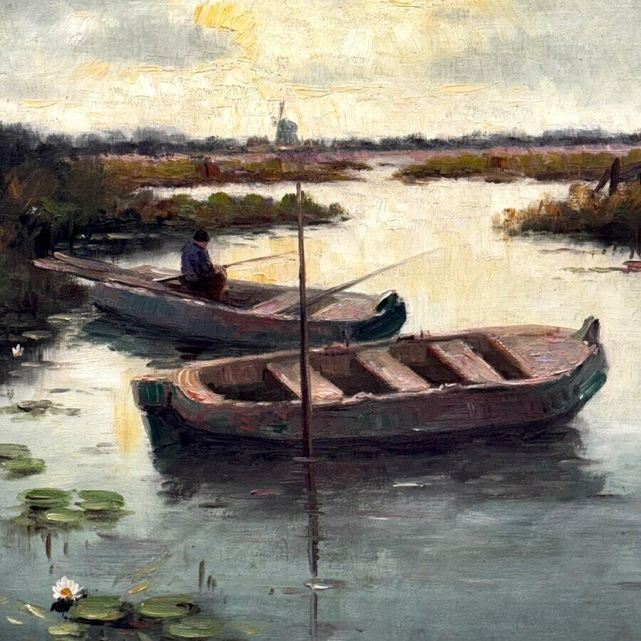 Johannes van Lingen (1903-1986) - bootjes in polderlandschap, Nederlandse school, Doek, Ophalen of Verzenden, Landschap