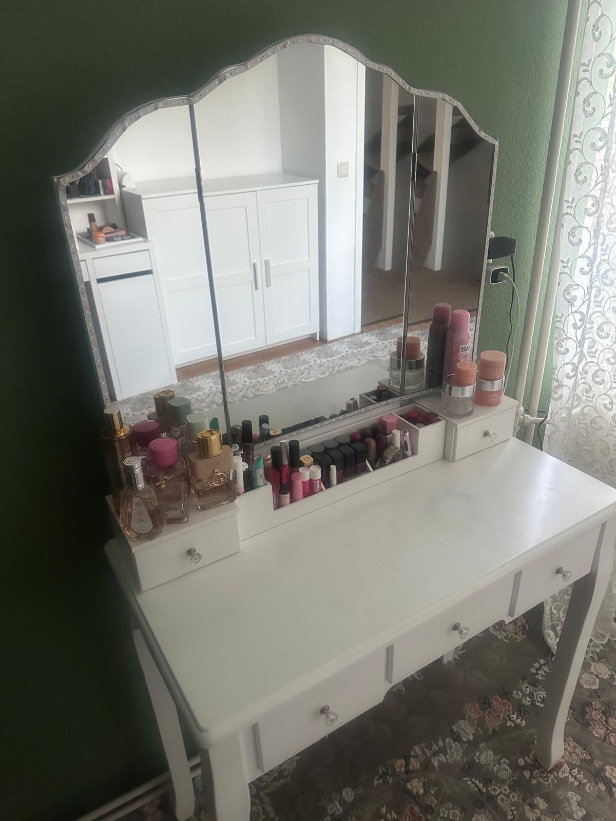 Witte kaptafel met spiegel en verlichting, Ophalen, Gebruikt, 100 tot 150 cm, 50 tot 100 cm