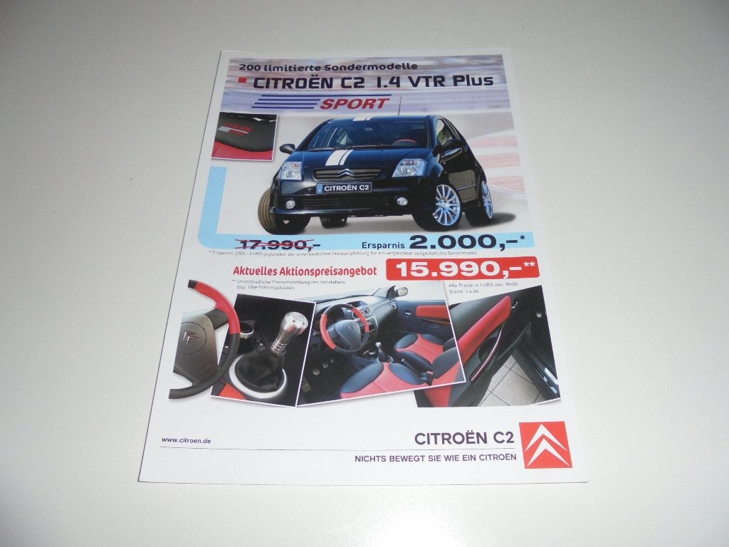 leaflet Citroen C2 1.4 VTR Plus Sport 2006, Ophalen of Verzenden, Nieuw, Citroën