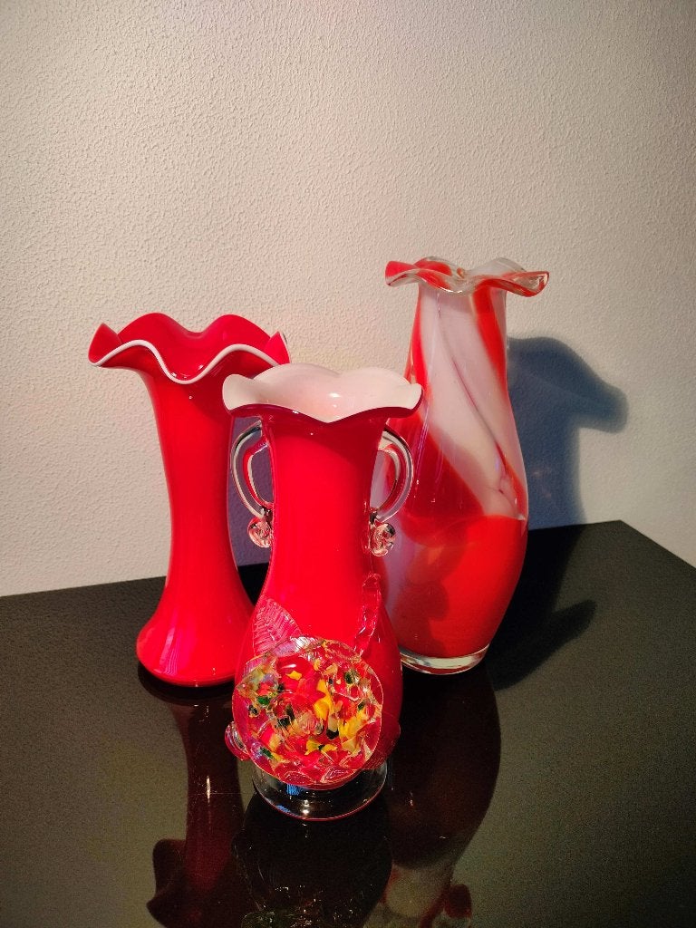 3 Vazen Italie Murano Rood Wit Glas 1990, Ophalen of Verzenden