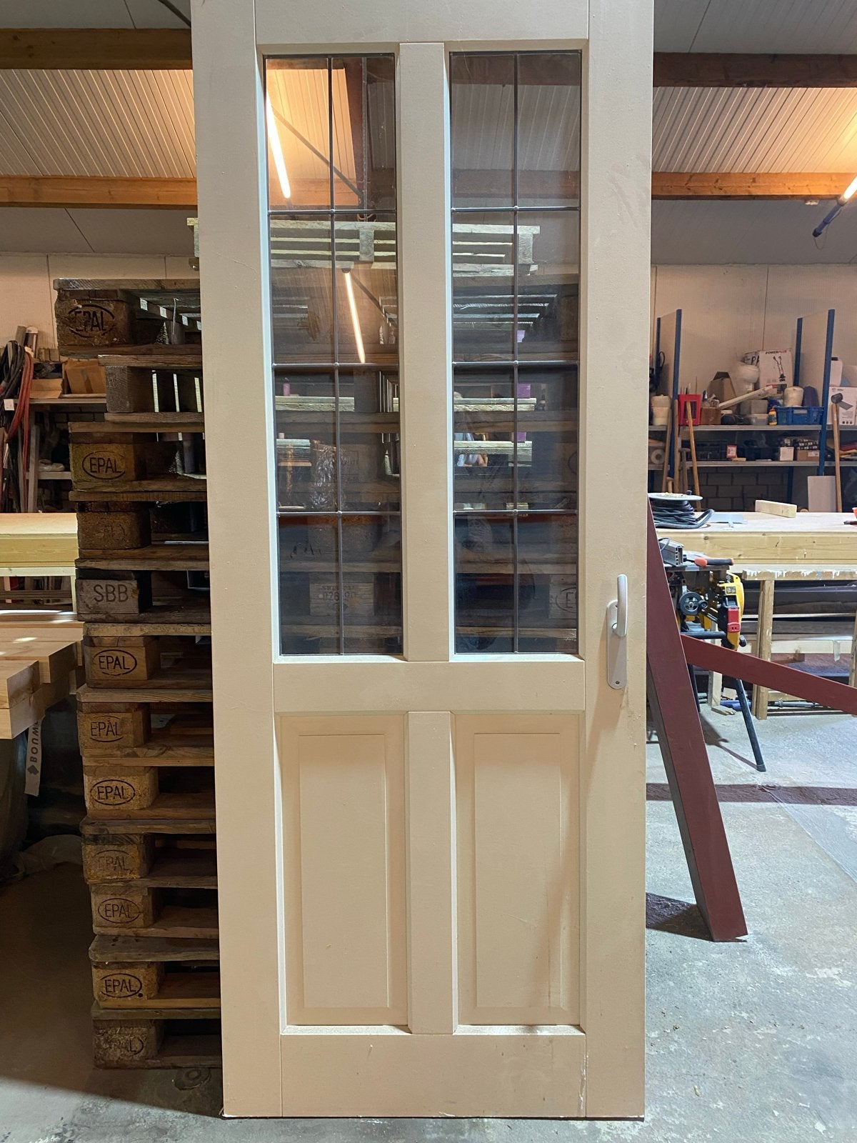 Opdekdeur met glas in lood ramen 231,5x88cm, Ophalen, Gebruikt, 80 tot 100 cm, 215 cm of meer