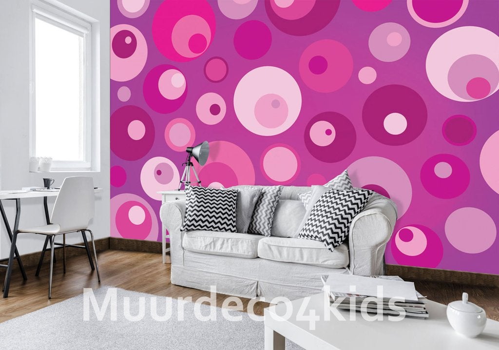 Retro behang Cirkels Roze, Blauw, Muurdeco4kids, Verzenden, Fotobehang, Blauw, Vintage/retro