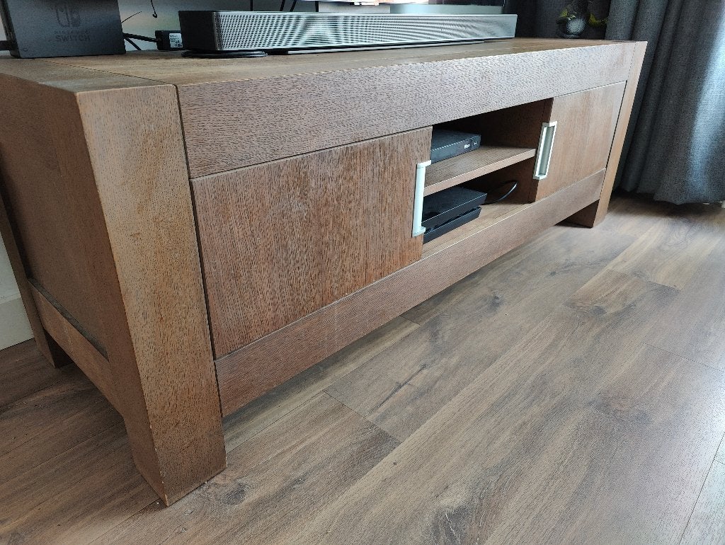 Goossens TV meubel massief eiken, Ophalen, Gebruikt, 150 tot 200 cm, Eikenhout