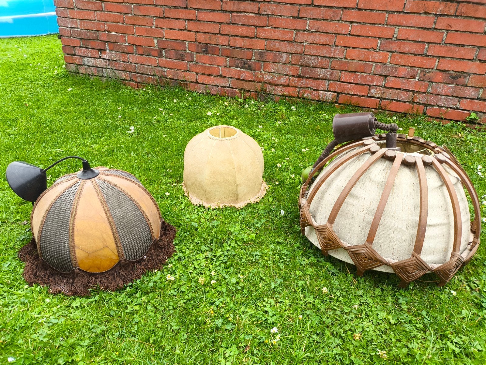Vintage lampenkappen met leer en stof, Ophalen, Gebruikt, Rond, Textiel