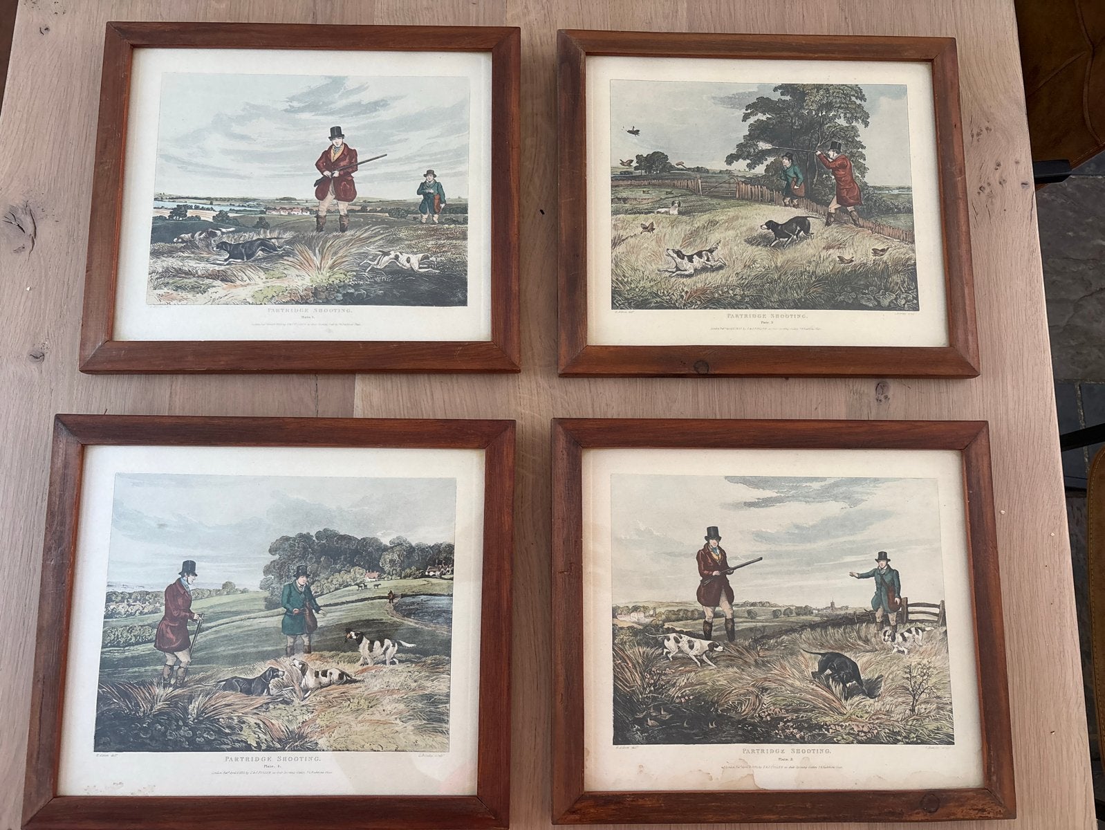 Set van 4 ingelijste jachttaferelen - Patrijzenjacht, Ophalen, Print, Prent, Ingelijst