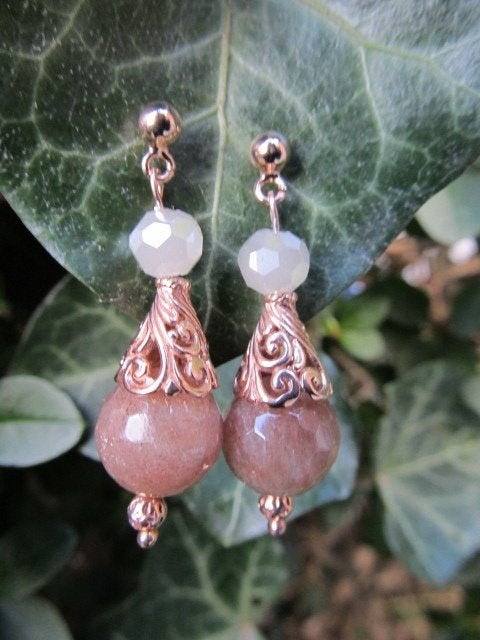 Oorbellen Cesarine zonnesteen-glas facet-kraaltje rosegold, Sieraden, Tassen en Uiterlijk, Edelstenen, Ophalen, Nieuw
