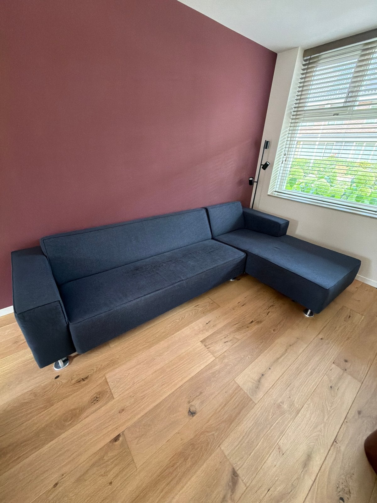 Donkerblauwe Goossens hoekbank - comfortabel en stijlvol, Ophalen, 250 tot 300 cm, Gebruikt, 100 tot 125 cm