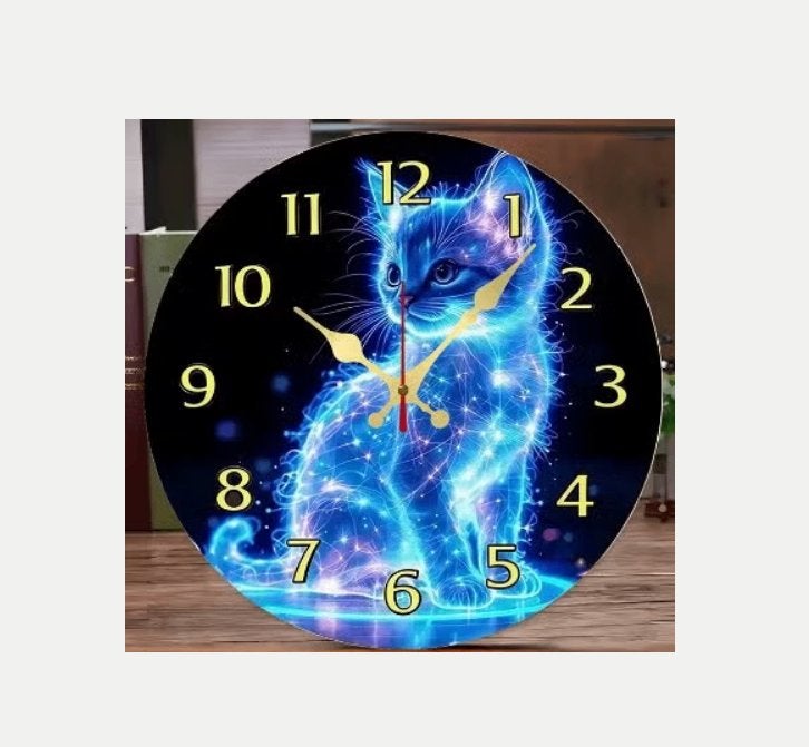 Ronde wandklok van hout Lichtgevende kat (25cm)