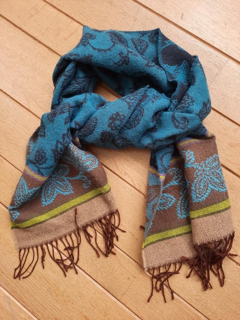 Sjaal - blauw aqua zand lime takken, Ophalen of Verzenden, Zo goed als nieuw, Maat 46/48 (XL) of groter, Sjaal