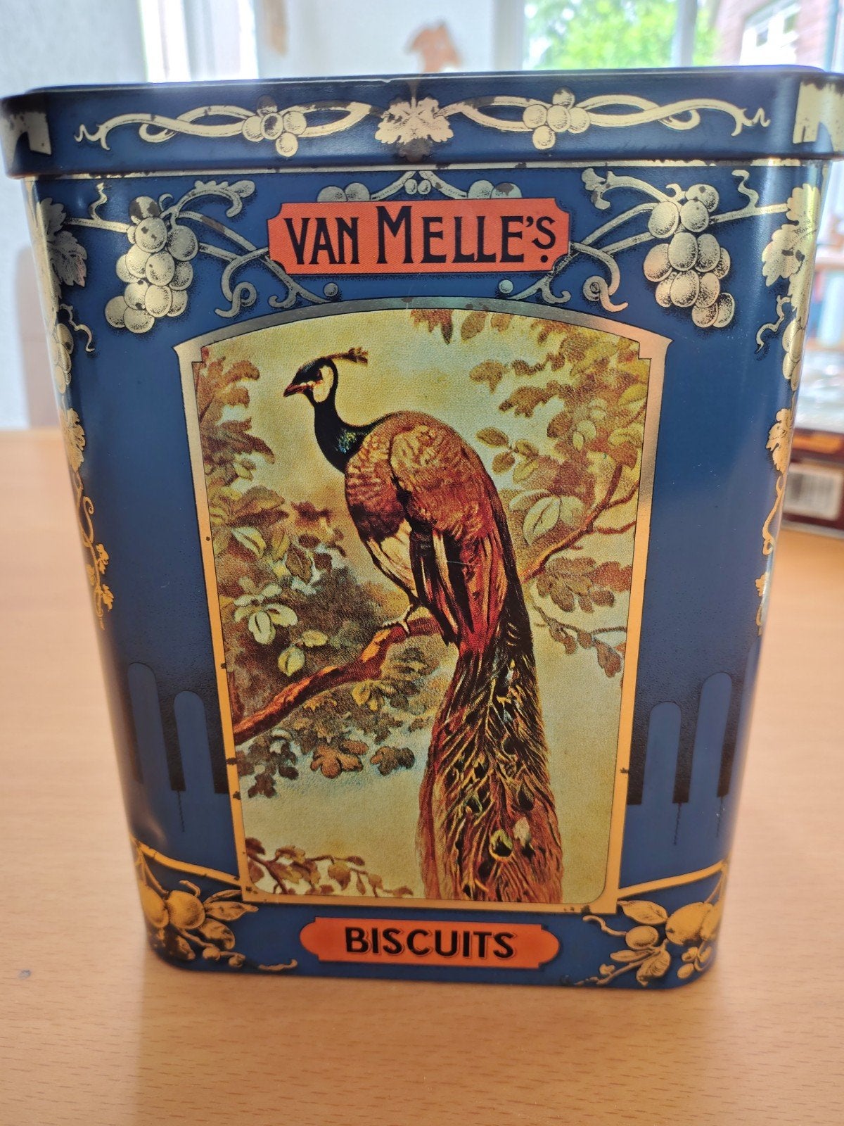 Vintage Van Melle's Biscuits blik met vogelafbeeldingen, Ophalen of Verzenden, Gebruikt, Overige