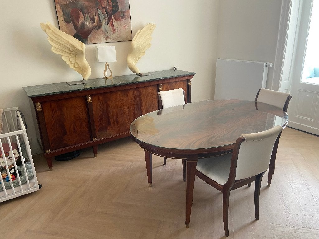 Eettafel, 6 stoelen en een buffet met groen marmeren blad, Huis en Inrichting, Ophalen, Gebruikt, Klassiek, 50 tot 100 cm