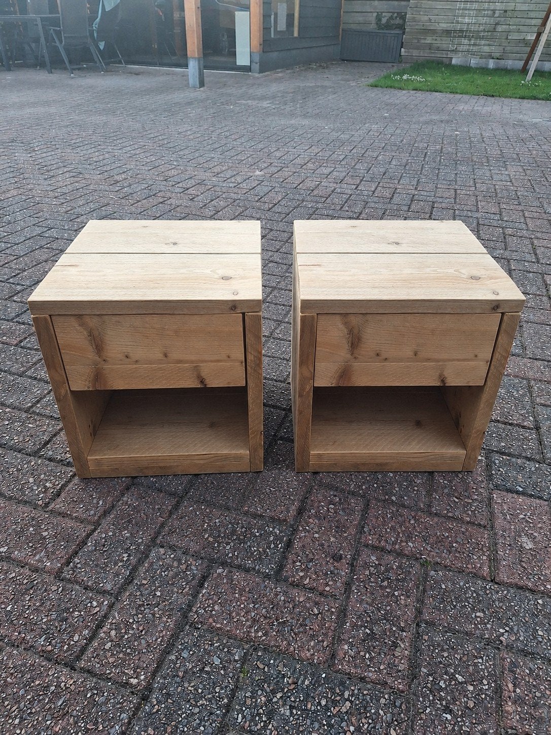Steigerhout nachtkastjes met lade - Set van 2, Huis en Inrichting, Slaapkamer | Nachtkastjes, Ophalen, Minder dan 45 cm, Zo goed als nieuw