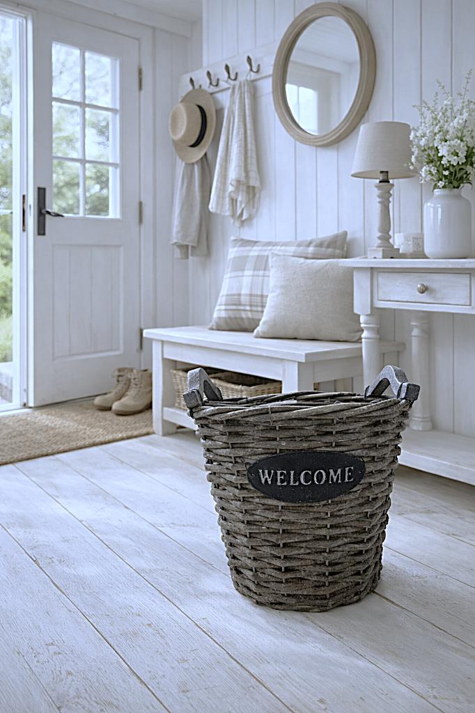 rieten mand welcome-grijs/rotan-landelijk, Gebruikt, Mand, Rond, Ophalen of Verzenden