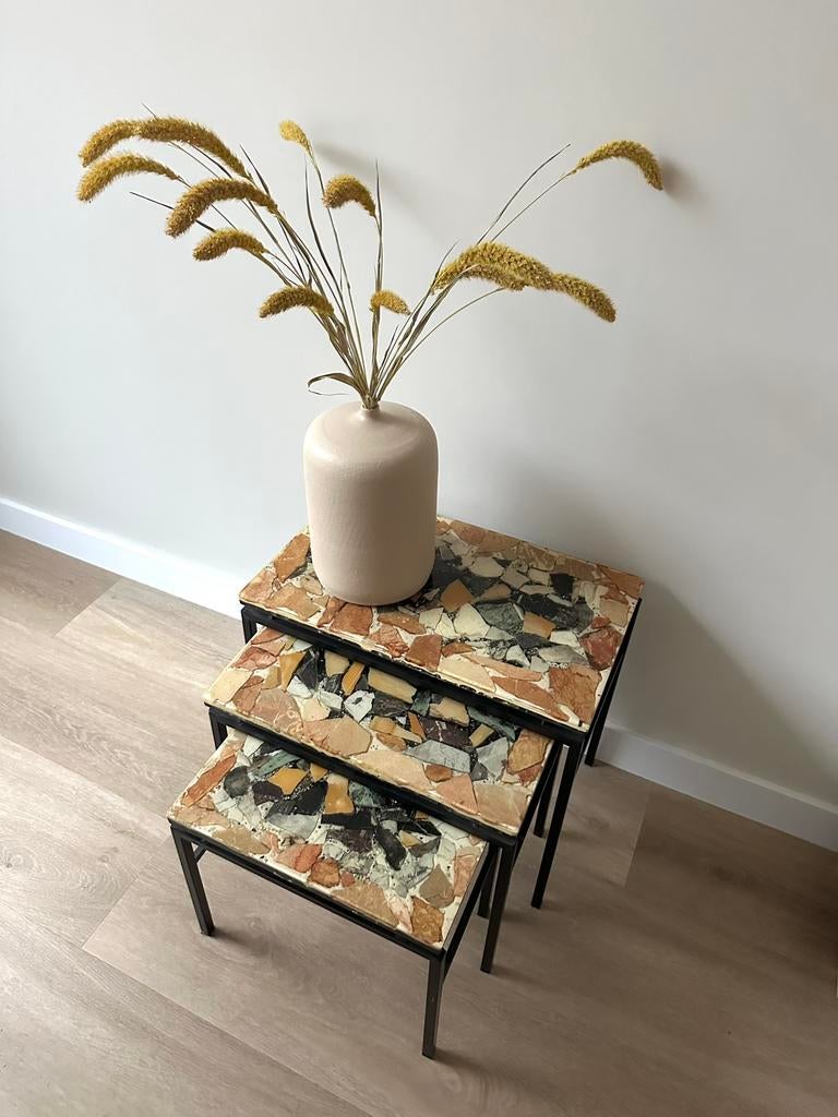 Vintage bijzettafeltjes 3 set midcentury mimi set, Ophalen, 50 tot 100 cm, Rond, Zo goed als nieuw