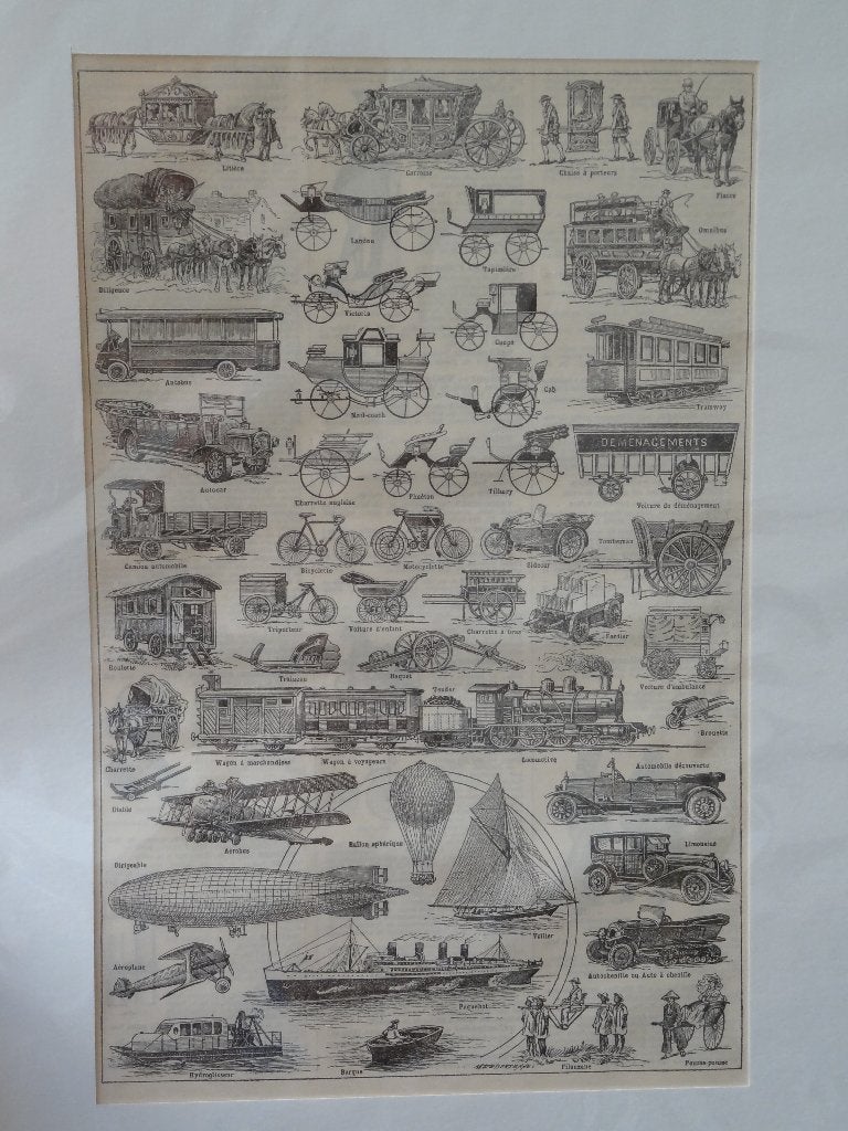 litho voertuigen koetsen, trams, treinen, auto's jaren 20, Antiek en Kunst, Kunst | Litho's en Zeefdrukken, Origineel, Verzenden