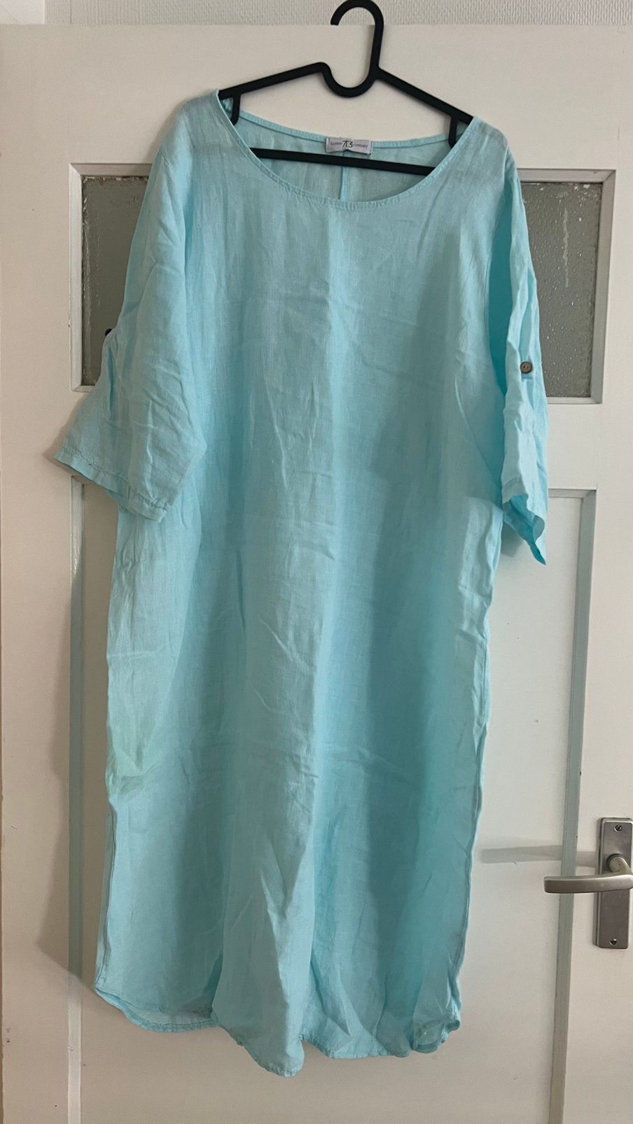 Zeegroen linnen jurk, Kleding | Dames, Grote Maten, Ophalen of Verzenden, Zo goed als nieuw, Jurk