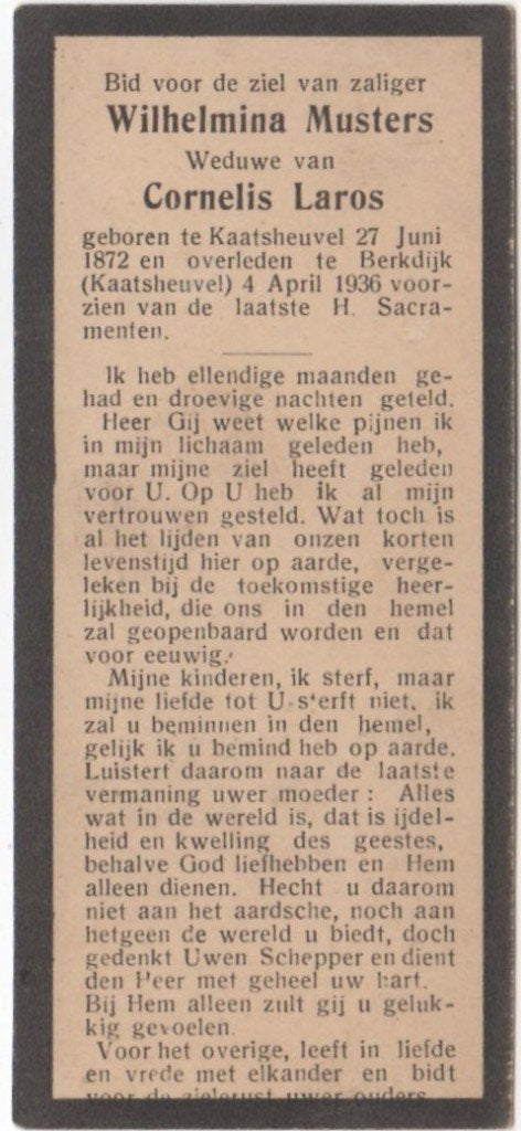 Wilhelmina Musters 1872 Kaatsheuvel + 1936 Berkdijk, 63 jaar, Verzamelen, Ophalen of Verzenden