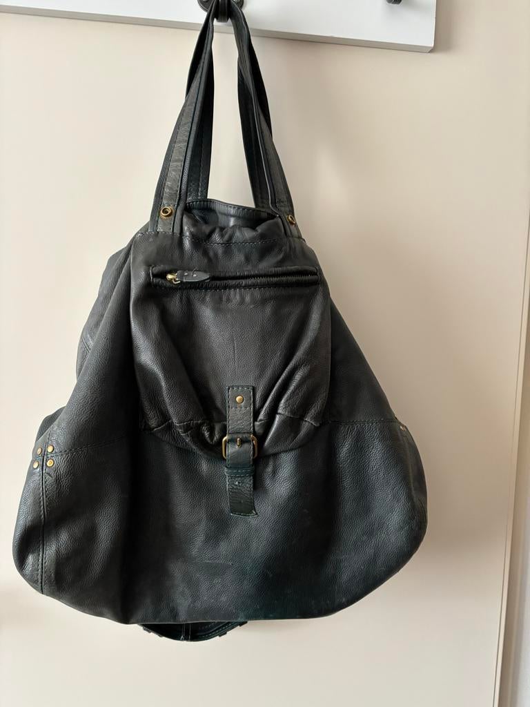 Donkergroene leren tas - Stijlvol en ruim, Sieraden, Tassen en Uiterlijk, Tassen | Damestassen, Ophalen of Verzenden, Gebruikt