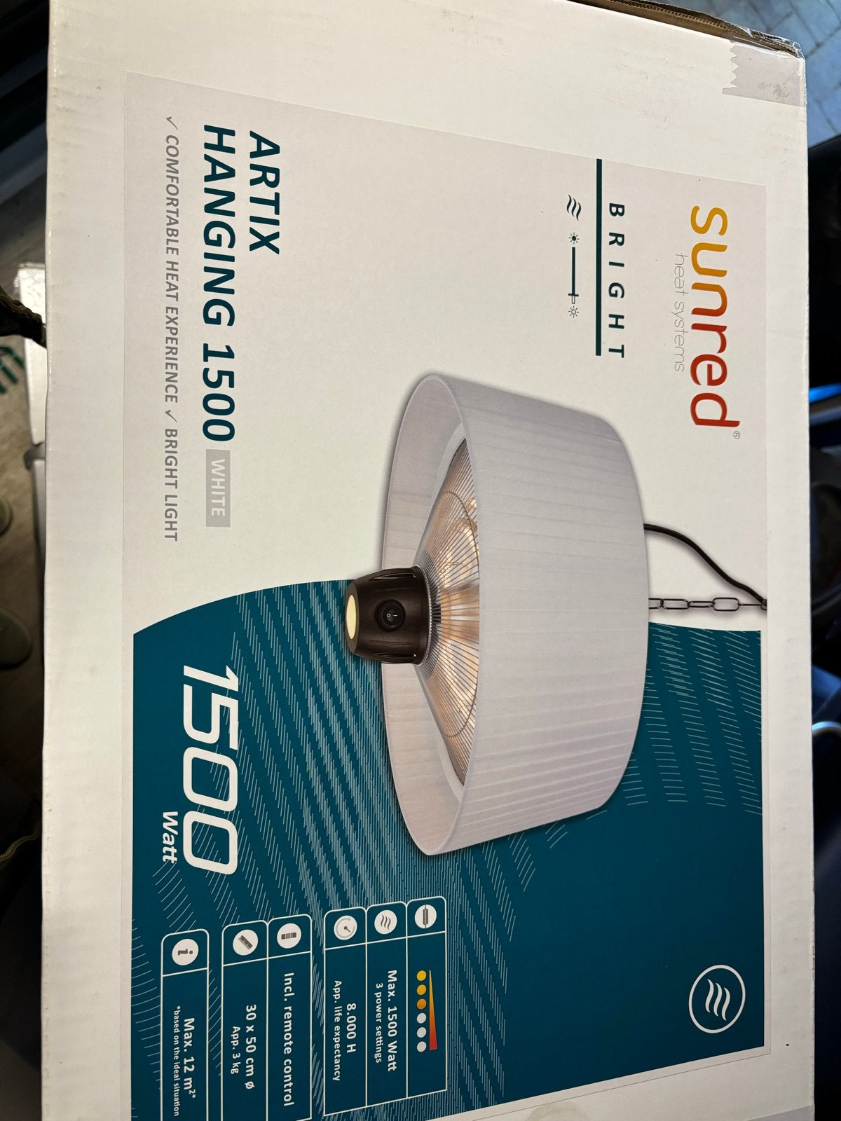 Sunred Artix Hanging 1500W Witte Hangende Terrasverwarmer, Ophalen of Verzenden, Nieuw, Hangende haard, Elektrische haard