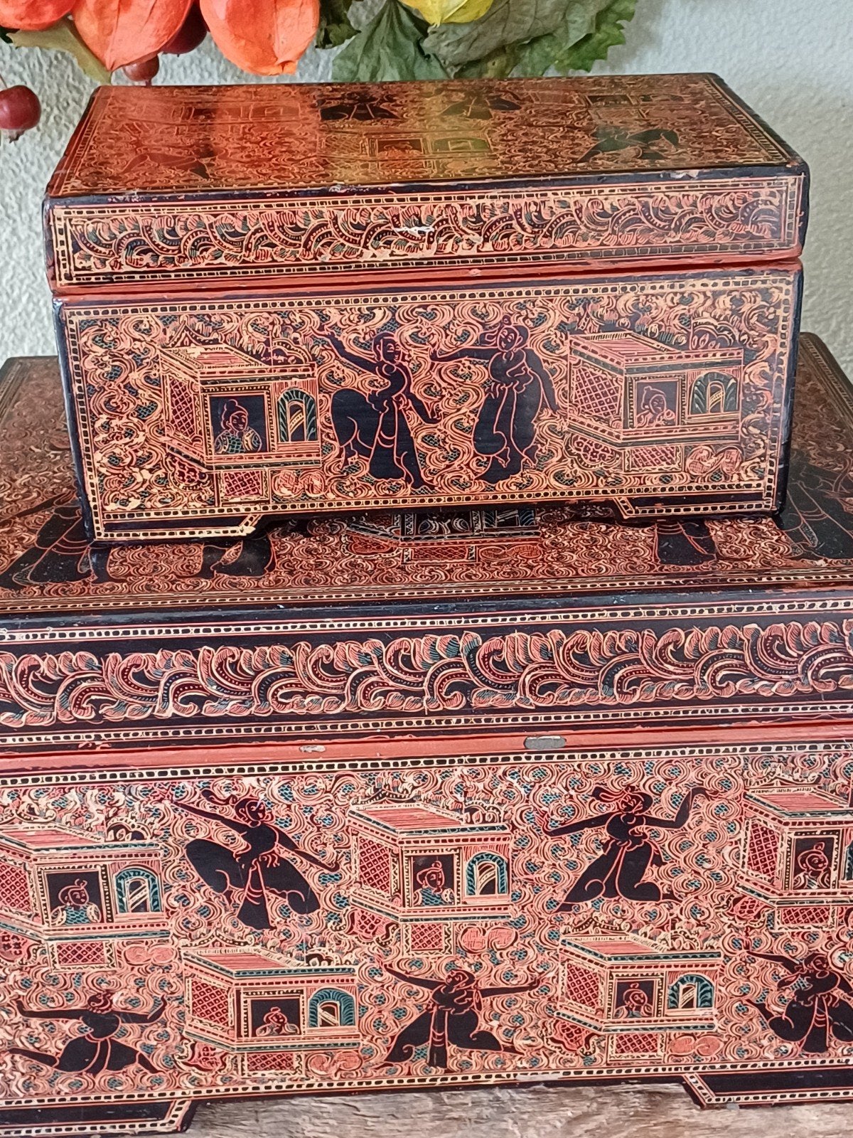 Set van 2 Oude Brocante Lakdozen met Oosterse Decoratie, Antiek en Kunst, Ophalen of Verzenden