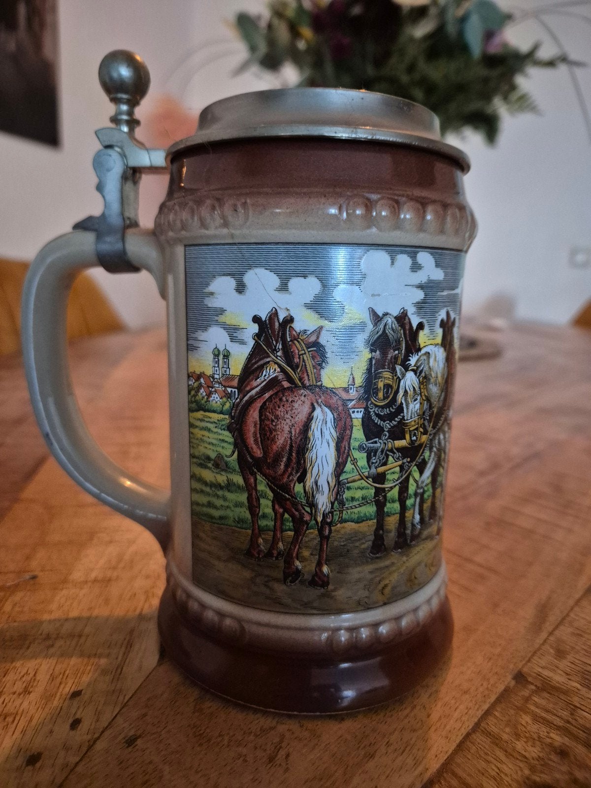 Vintage Duitse Bierpul met Scènes en Tin Deksel, Antiek en Kunst, Ophalen of Verzenden