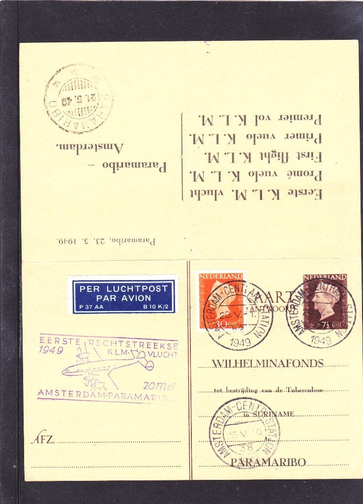 1e Vlucht Amsterdam Paramaribo (615,619), Verzenden, Briefkaart