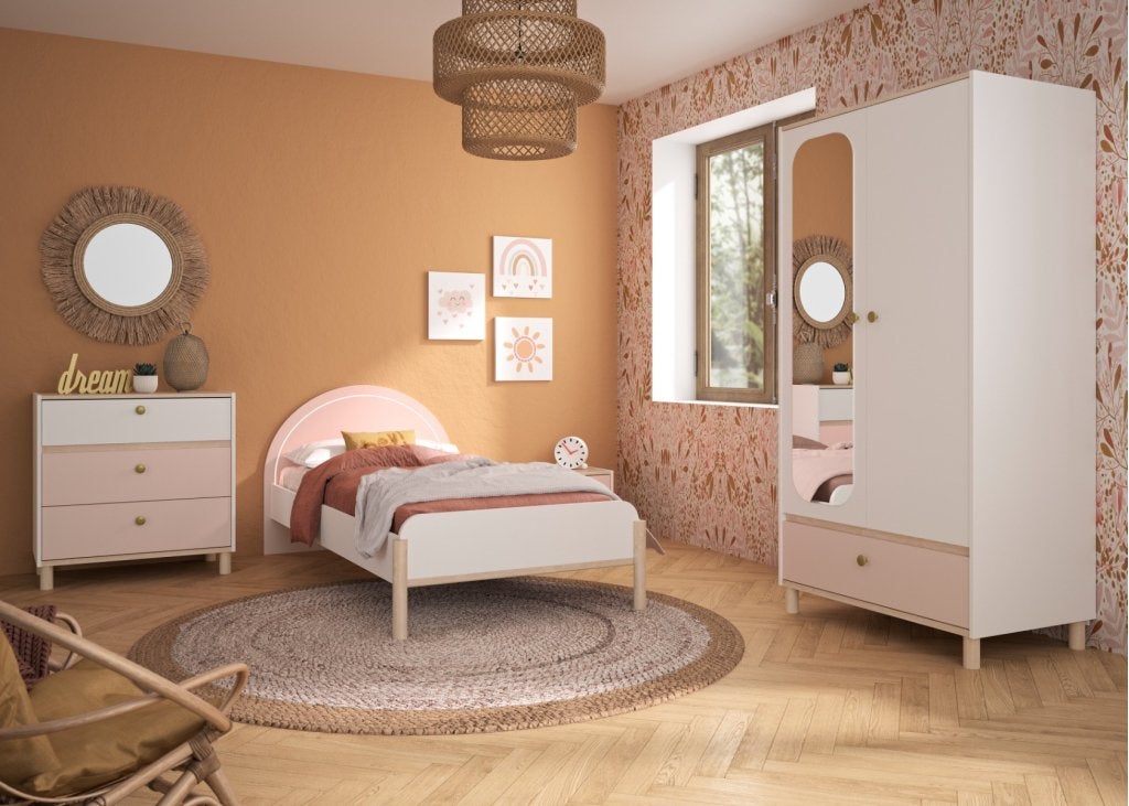 Romy 1-persoonsbed - 90x200 - Wit/roze/lichteiken, Niet ingevuld, Niet ingevuld, Niet ingevuld