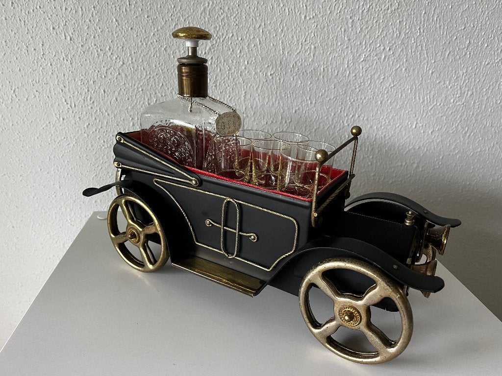 Vintage auto muziek box met likeur fles en glaasjes, Ophalen