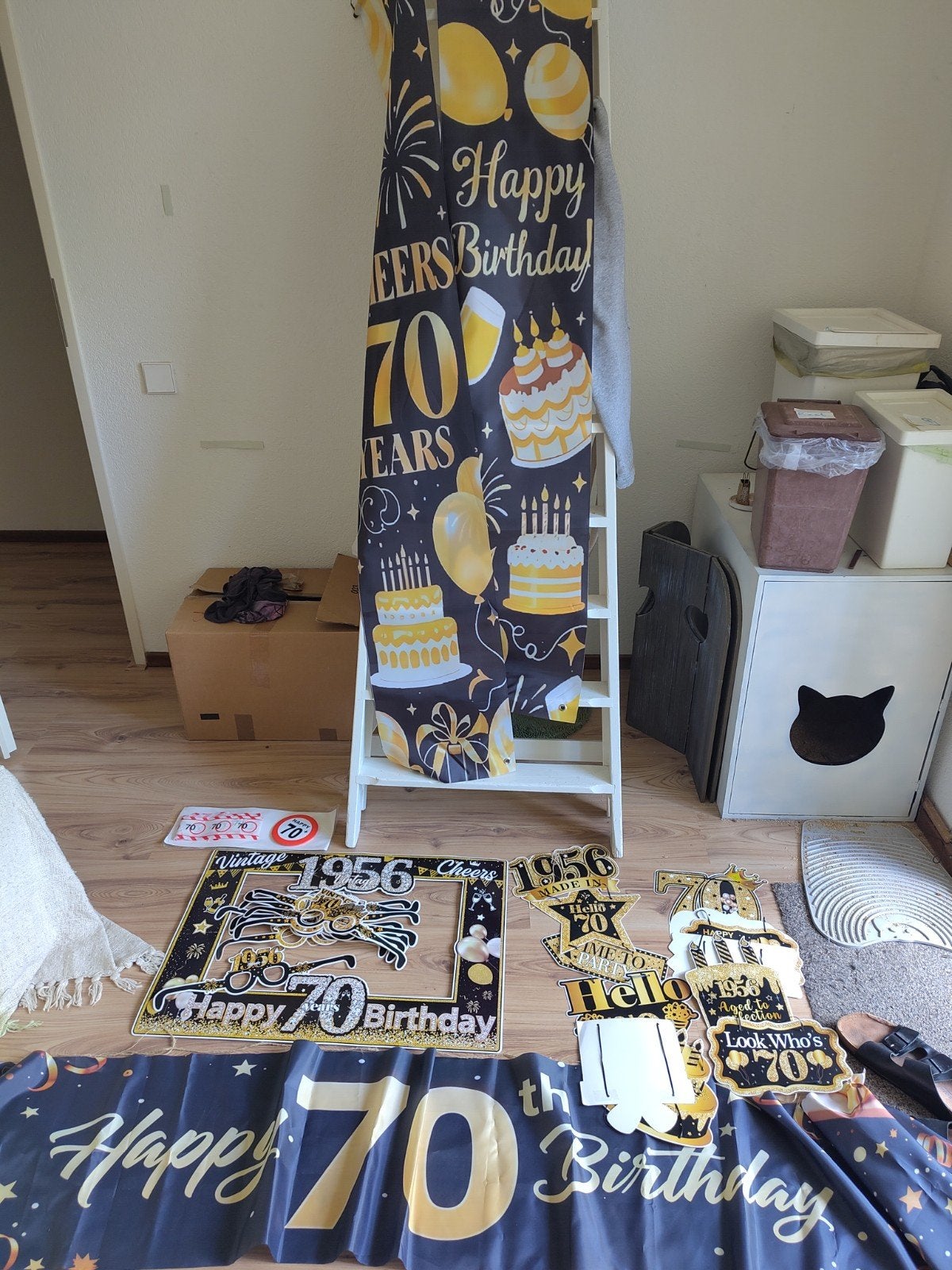70e verjaardag set vlag, banner, ballonnen, fotoframe, Ophalen of Verzenden, Zo goed als nieuw, Versiering, Verjaardag
