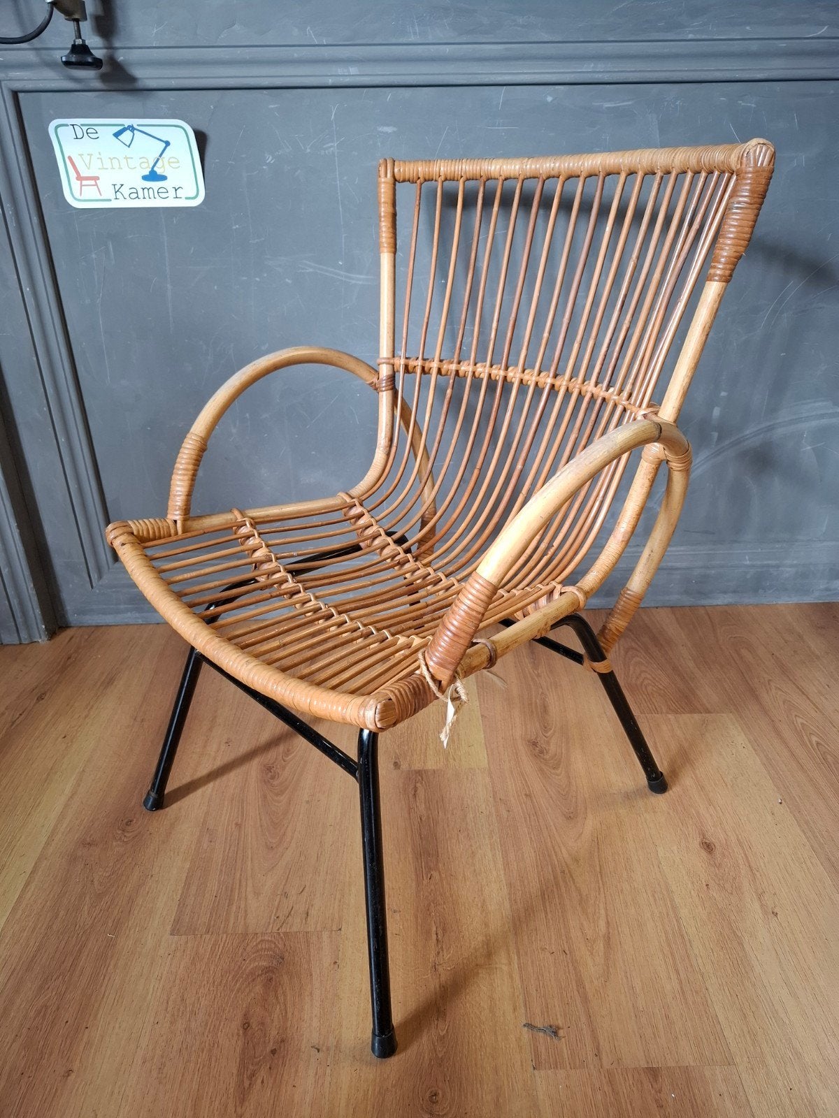 Vintage rotan fauteuiltje Rohe Noordwolde stijl jaren 60/70, Huis en Inrichting, Stoelen, Zo goed als nieuw, Eén, Metaal, Riet of Rotan