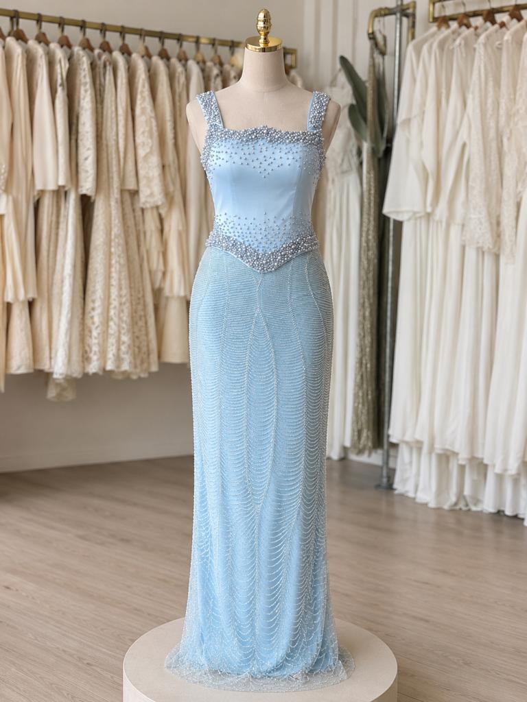 Lichtblauwe Galajurk met Parels en Strass - Maat 36/S, Galajurk, Blauw, Ophalen of Verzenden, Zo goed als nieuw