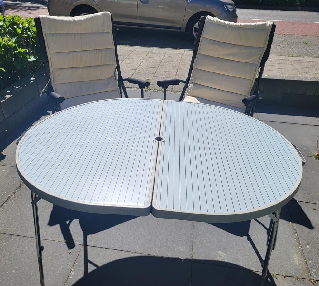 Tafel met 2 Obelink stoelen en kussens, Caravans en Kamperen, Kampeermeubelen, Ophalen, Gebruikt, Campingstoel
