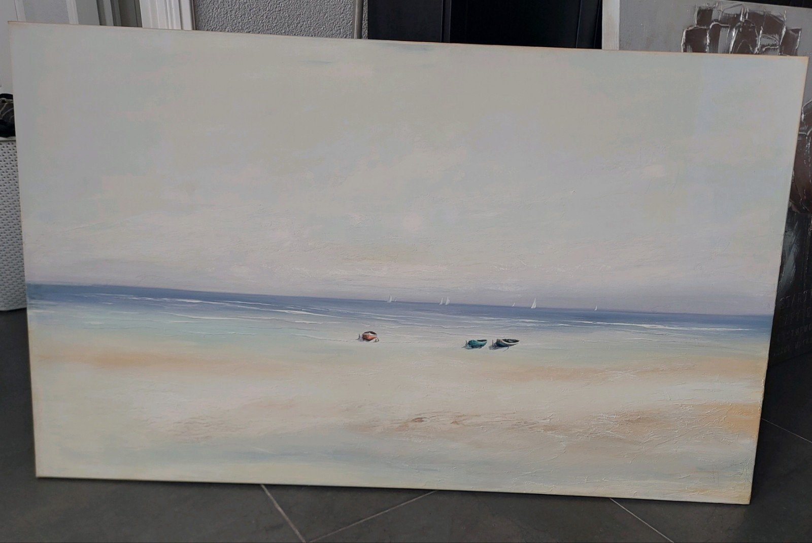 Schilderij strandgezicht met boten, 150x90cm, Antiek en Kunst, Olieverf, Op houten frame, Textiel, Landschap