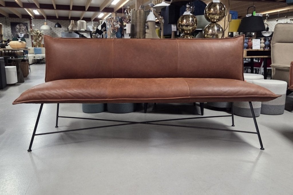 Luxe eetkamerbank VIDAR Jess design leer bruin cognac 195 cm, Ophalen, Bruin, Zo goed als nieuw, Vier