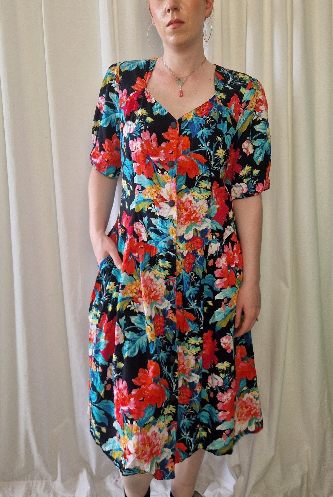 Zomerse bloemenjurk met zakken - Kurt Kellermann, Maat 42/44 (L), Zo goed als nieuw, Onder de knie, Kurt Kellermann