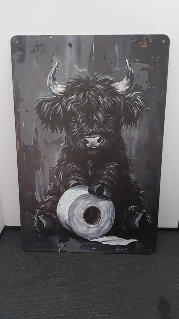 Grappig wandbord Schotse Hooglander met wc-rol 20x30cm, Huis en Inrichting, Woonaccessoires | Wanddecoraties, Metaal, 30 cm, Industrieel