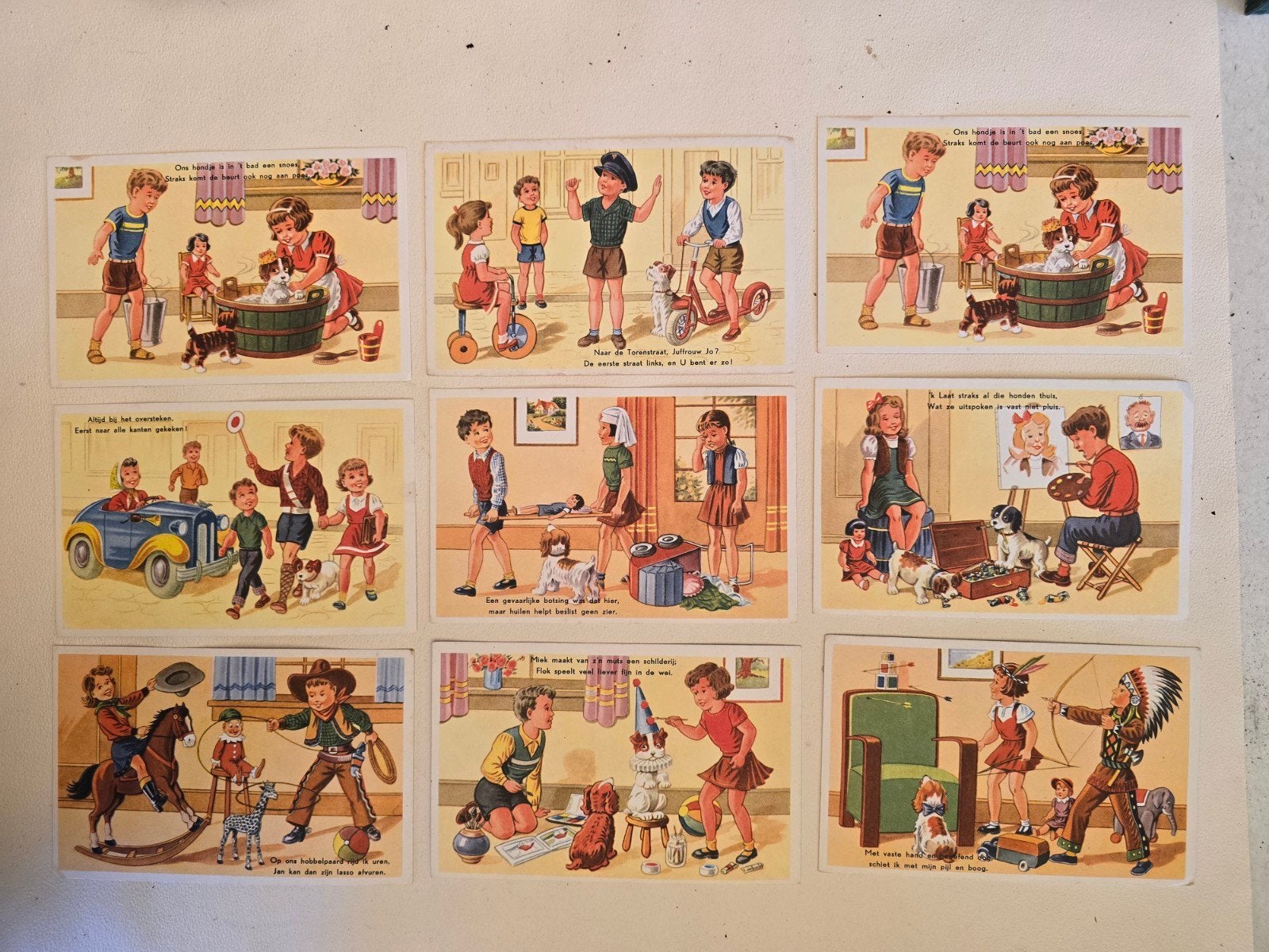Vintage kinderprenten: Spelende kinderen (9 stuks), Gebruikt, Verzenden, Voor 1940, Prent