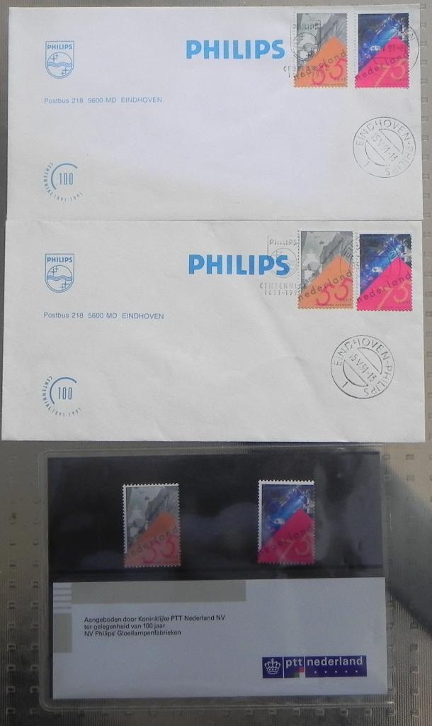 2 Eerste dag enveloppen Philips + 2 postzegels Philips, Postzegels en Munten, Postzegels | Nederland, Ophalen of Verzenden, Na 1940