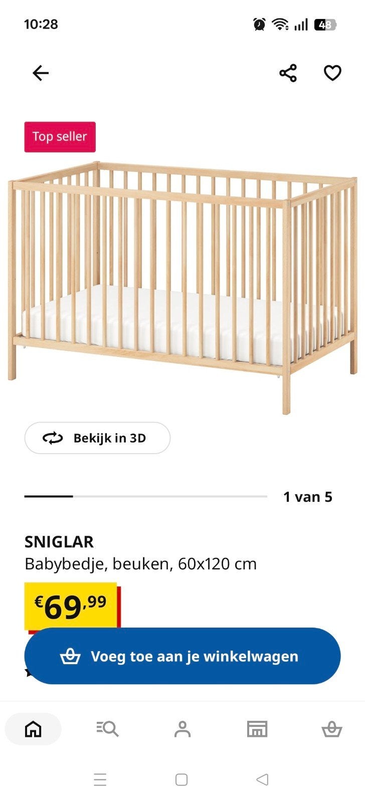 Ledikant Sniglar beukenhout, Ophalen, Zo goed als nieuw, Minder dan 140 cm, Minder dan 70 cm