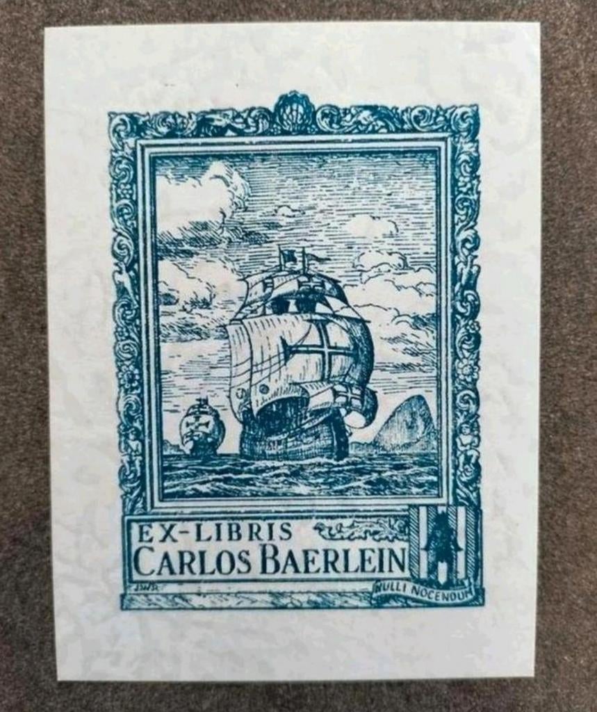 Exlibris Carlos Baerlein fregat, zeilschip, zee, kruis, rots, Ophalen of Verzenden