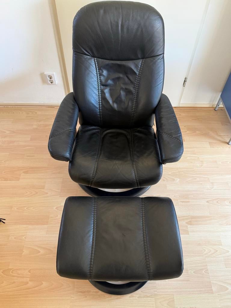 Stressless Consul relaxstoel met voetenbank - Zwart leer, Ophalen, Gebruikt, Zwart, Leer
