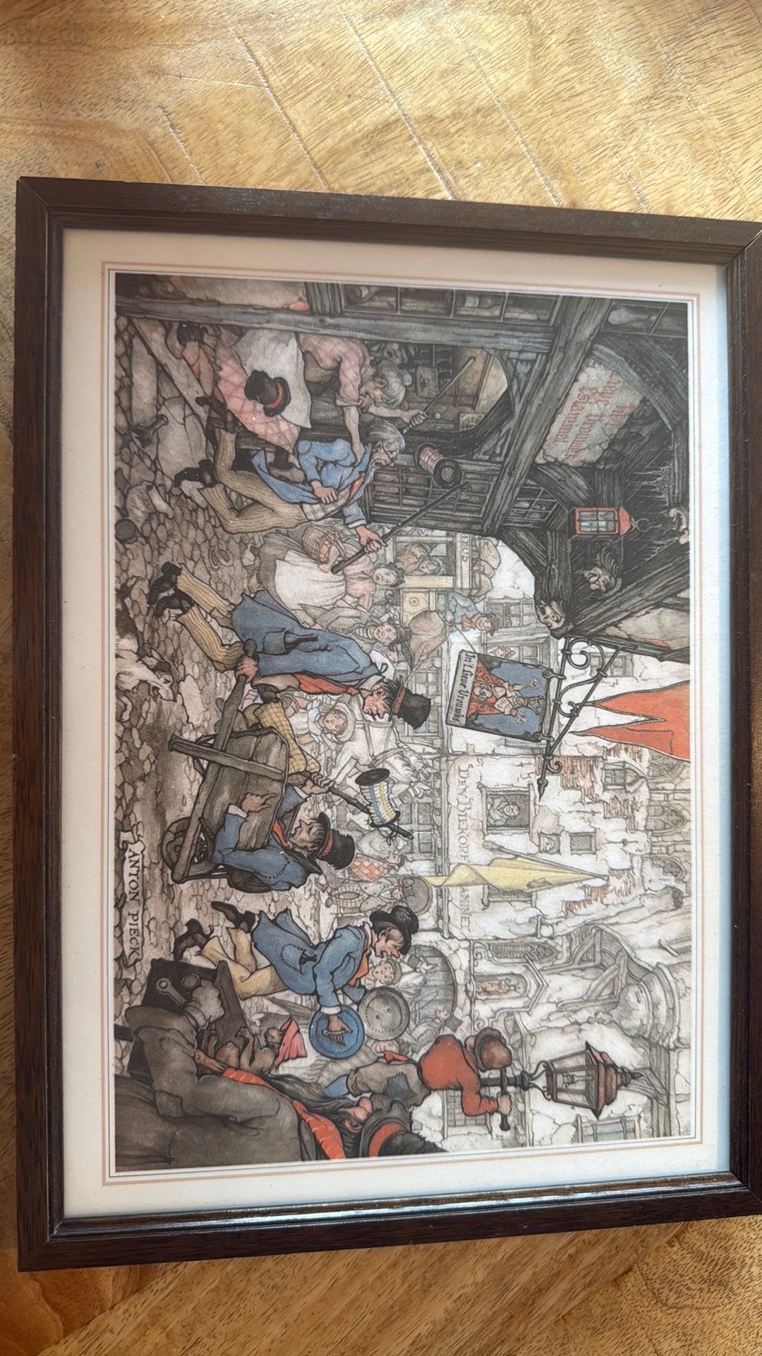 Anton pieck, Ophalen, Schilderij, Gemengde techniek, Handgemaakt