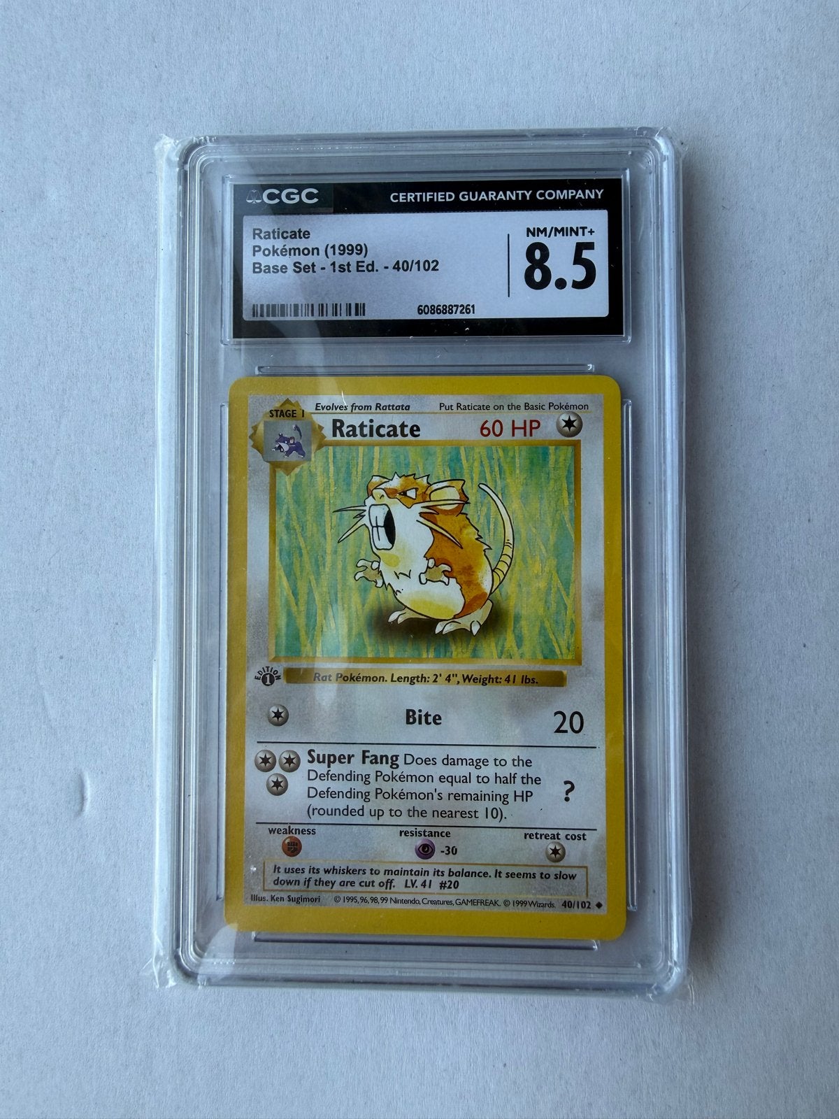 Pokémon Raticate 1st Edition Base Set 40/102 CGC 8.5 NM/MINT, Ophalen of Verzenden, Zo goed als nieuw, Losse kaart