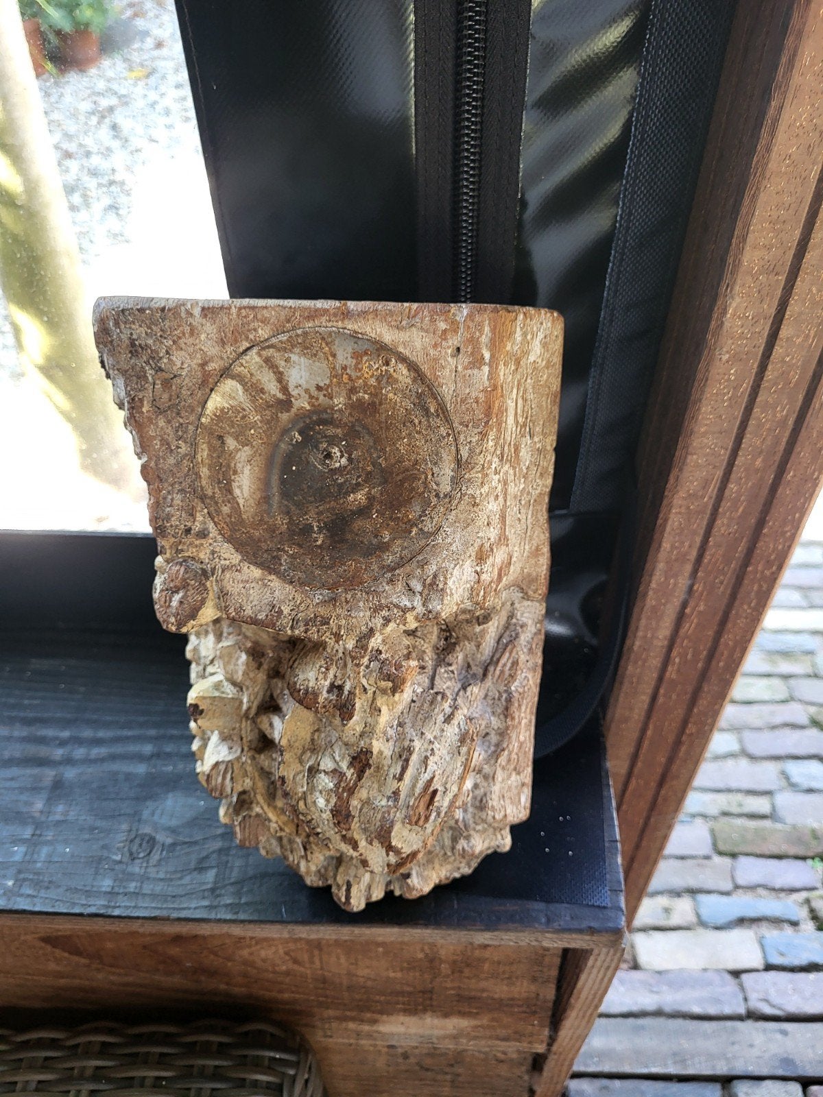 Decoratief houten blok met ingelegde schijf voor kaars, Ophalen of Verzenden
