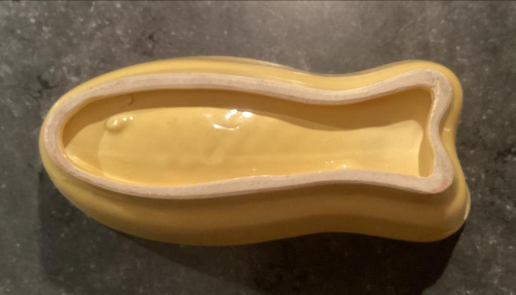 Antieke puddingvorm in visvorm - geel geglazuurd aardewerk, Antiek en Kunst, Ophalen of Verzenden