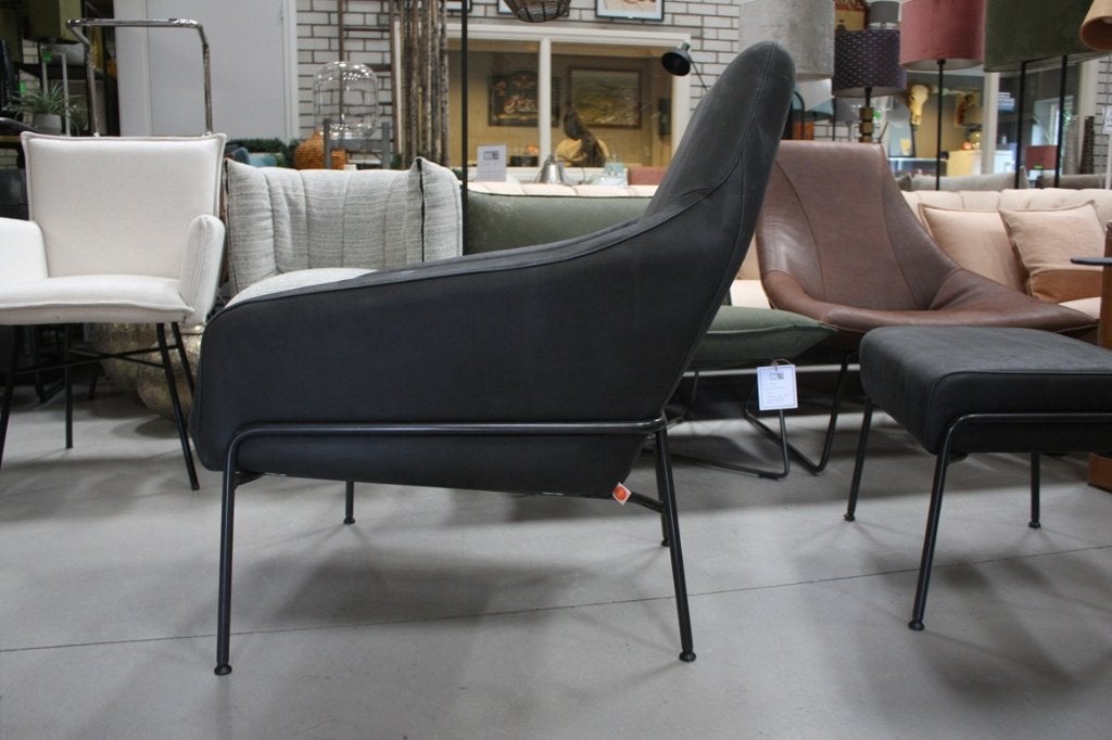 Luxe fauteuil + hocker JOLLY Jess Design echt leer antraciet, Huis en Inrichting, Ophalen, Minder dan 75 cm, Zo goed als nieuw