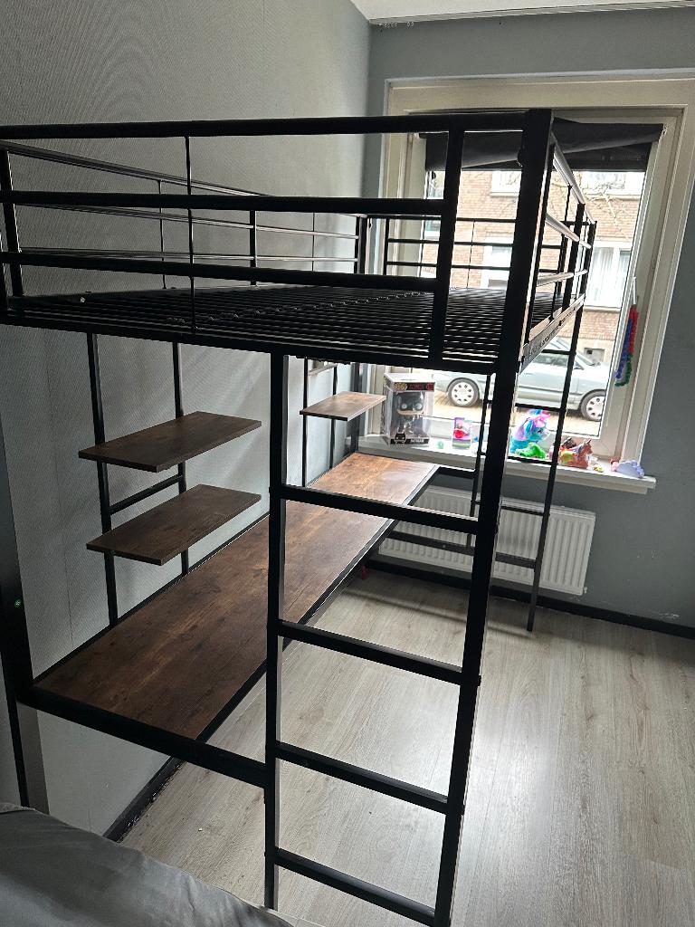 Bed met bureau, Ophalen, 90 cm, Eenpersoons, Zwart