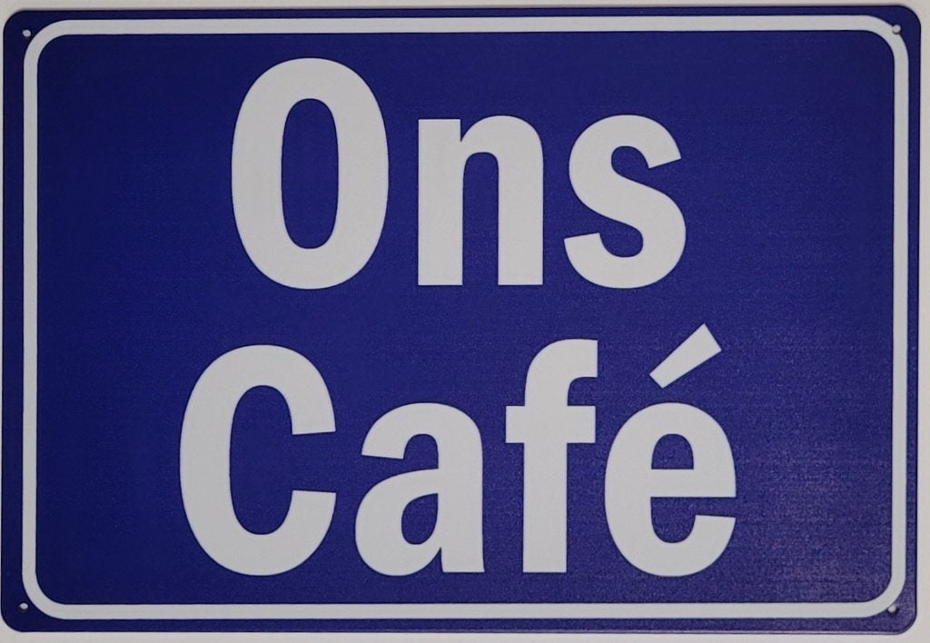 Ons Cafe blauw reclamebord van metaal wandbord decoratie, Info@deconoord.nl, Deco Noord, Nieuw, Ophalen of Verzenden