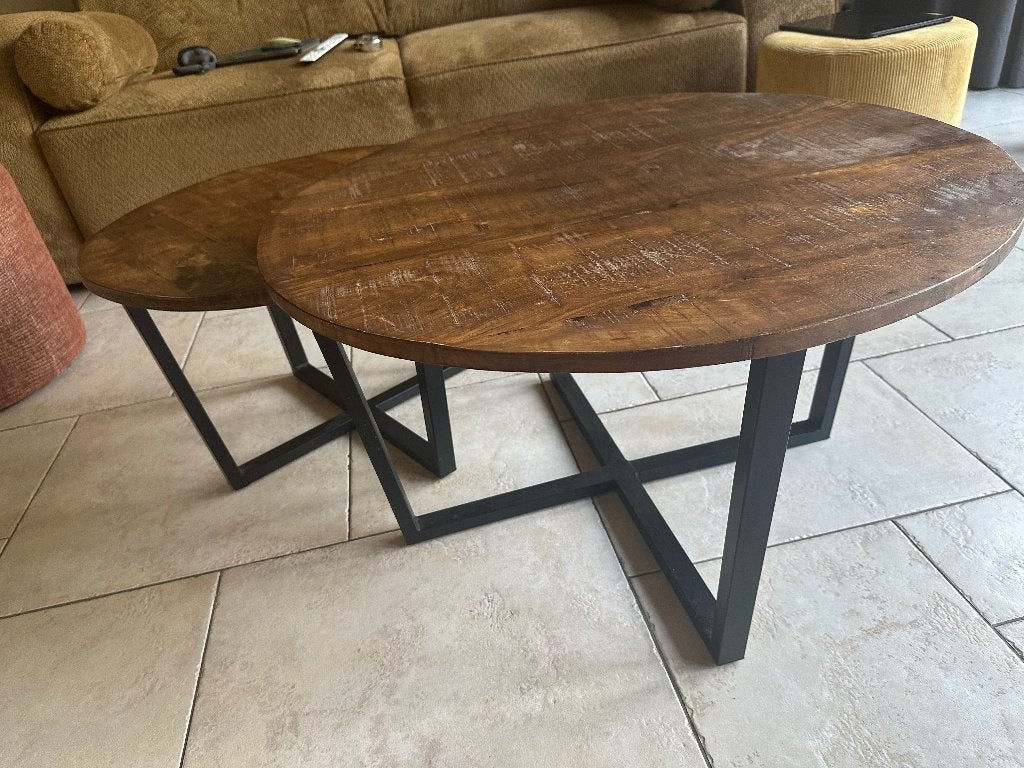 Twee ronde mango hout salontafeltjes, Ophalen, 50 tot 100 cm, Rond, 50 tot 100 cm